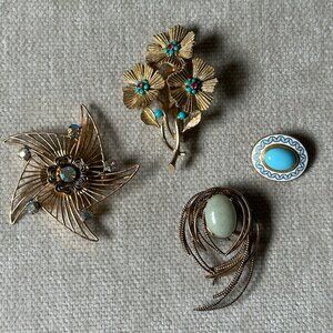 Vtg Costume Jewlery Brooch Lot Capri Flowers Jade Turquoise Gold Tone Rhinestone